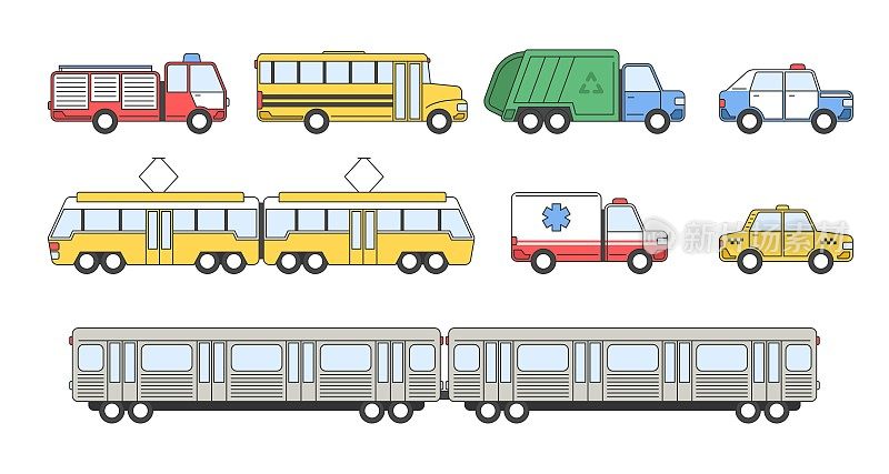 集合城市交通。载体车辆:消防车，校车，垃圾车，警车，有轨电车，救护车，出租车和地铁列车。侧视图平面风格的插图隔离在白色上。