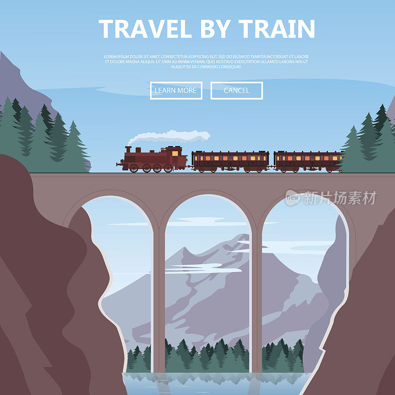乘火车旅行。度假、山地景观、铁路、探险概念。河上的桥。平面矢量网插图