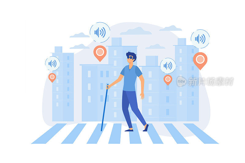 一个盲人带着智能标签和语音通知过马路。无障碍便利环境作为物联网和智慧城市的概念。