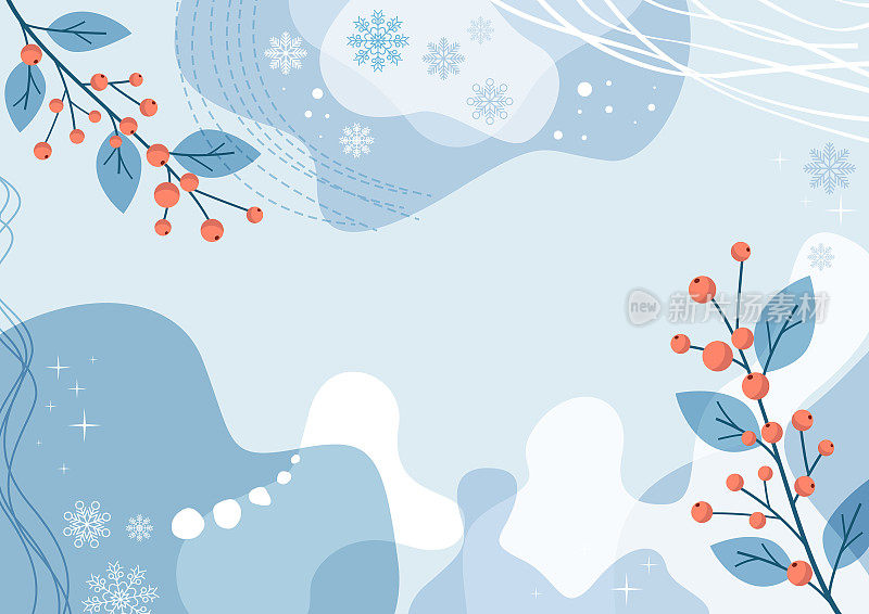 抽象简单的冬季背景与自然线条艺术。向量模板雪花和冬青树枝