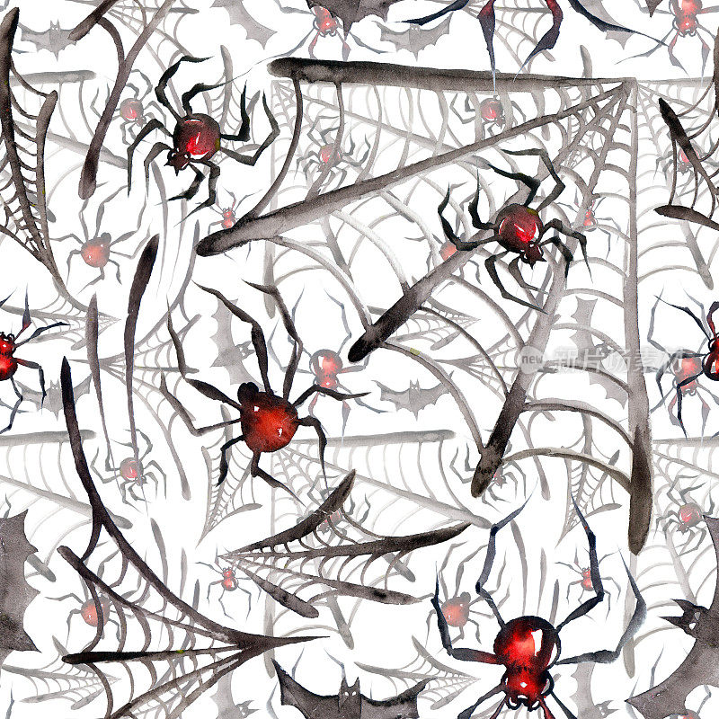 水彩无缝图案与蜘蛛和网。白色背景上的恐怖蜘蛛网万圣节插画