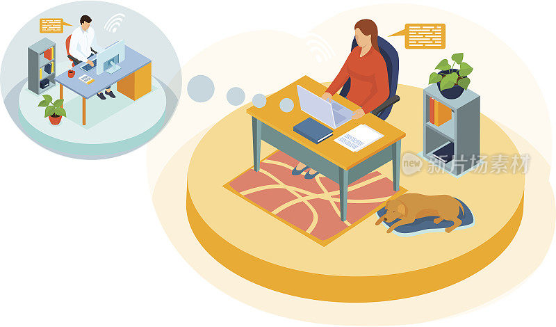 女商人在客厅带着狗和同事交流，坐在桌子前拿着电脑