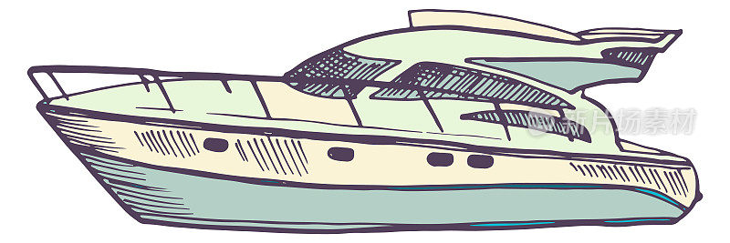 现代游艇色彩草图。手绘快艇孤立在白色