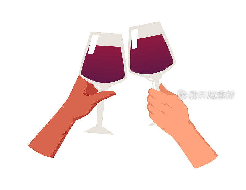 吐司与酒杯的红葡萄酒平矢量插图孤立在白色。