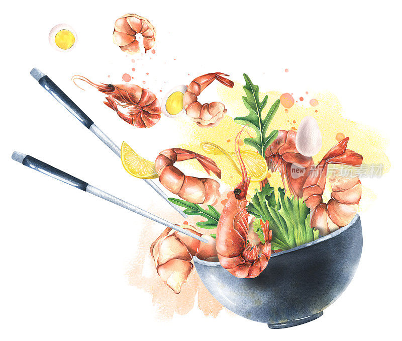 把虾放在陶瓷碗里，与生菜叶、芝麻菜、柠檬、鸡蛋和筷子一起悬浮在白色的背景上，上面有水彩画的斑点。插图来自虾系列。装饰用的