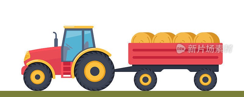 拖拉机和拖车。拖拉机与干草包在车。农业机械。农场的机器。现代拖拉机的侧视图。矢量插图。