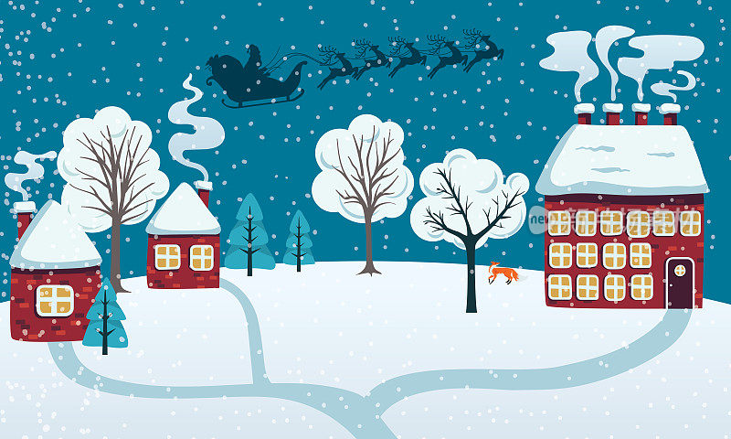 可爱的下雪的冬天房子圣诞贺卡模板