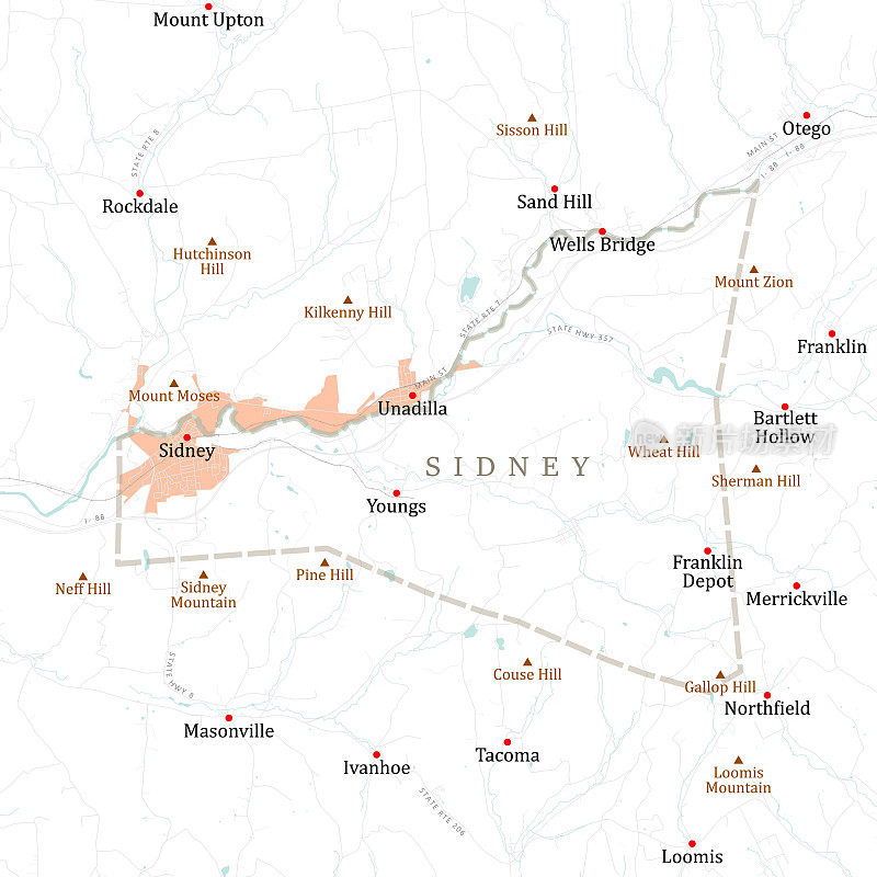 纽约州特拉华州西德尼矢量道路地图