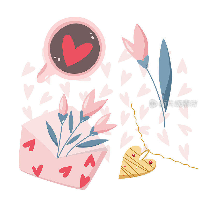 情人节的平面插图蜡烛，卡布奇诺，心形项链，鲜花，信封