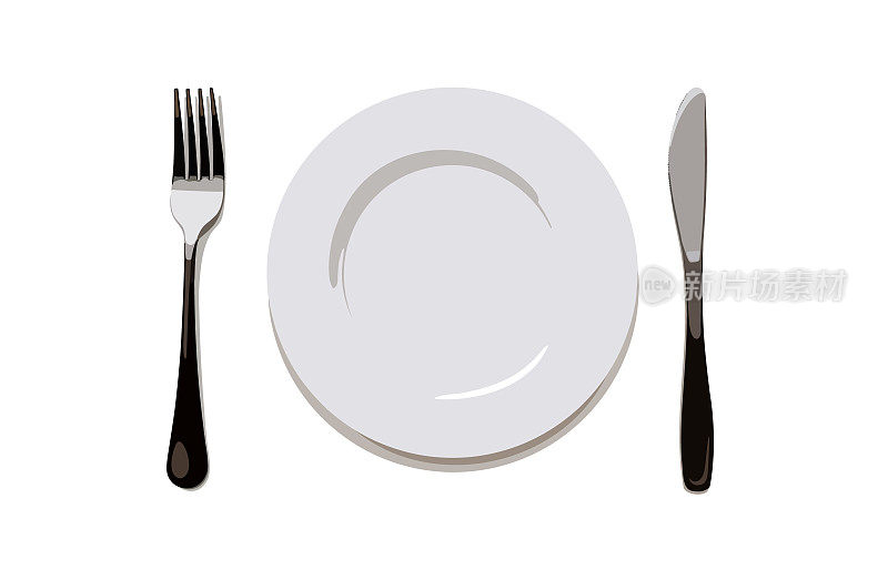空的晚餐白色盘子，刀叉在黄色背景上。孤立向量对象集合。插图。