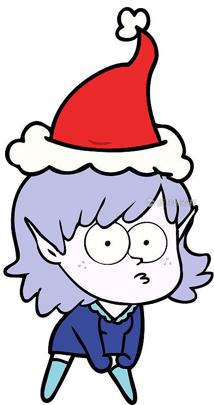 手绘线描精灵女孩凝视和蹲戴着圣诞老人的帽子