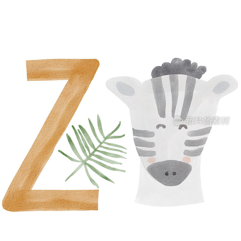 字母z斑马狩猎水彩字母。非洲ABC丛林珍奇动物苗圃信。手绘插图孤立的白色背景。
