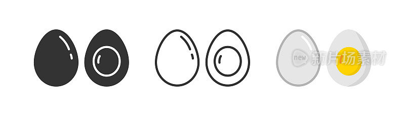 半熟蛋图标上的光背景。早餐的象征。煮熟的切片鸡蛋标志。轮廓、平面和彩色样式。平面设计。矢量插图。
