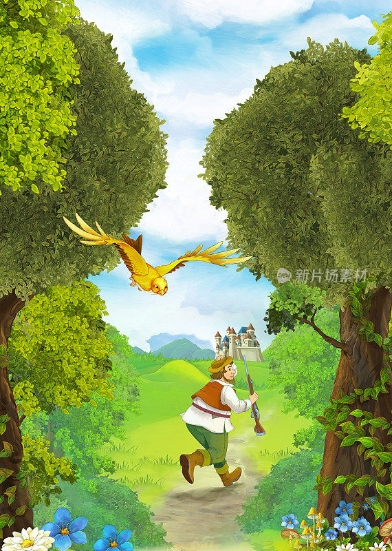 卡通场景与中世纪猎人在森林跑到城堡-儿童插图