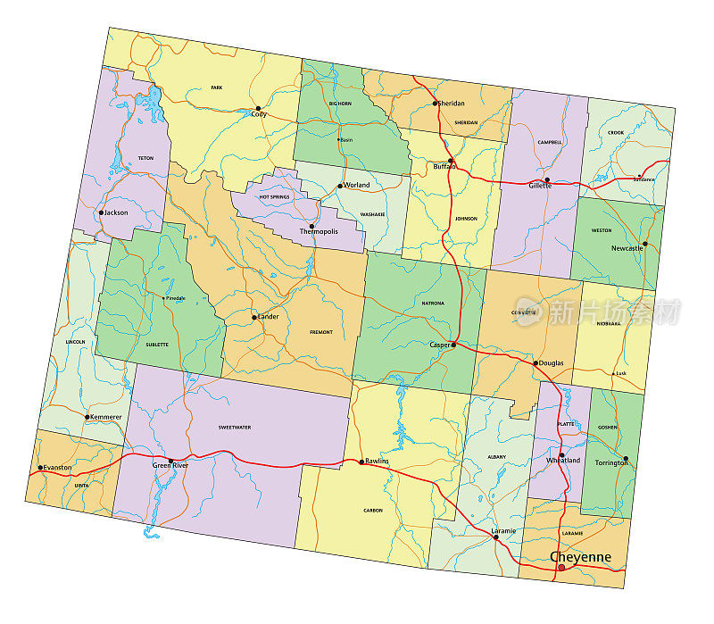 怀俄明州-高度详细的可编辑的政治地图与标签。