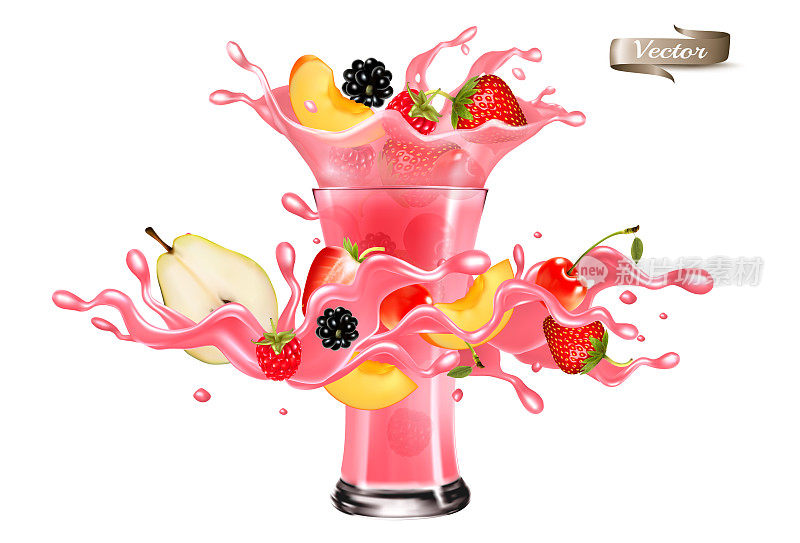 新鲜果汁飞溅波。整个草莓，覆盆子，樱桃，梨，桃子在一个甜糖浆波飞溅和玻璃与果汁隔离在透明背景。向量。
