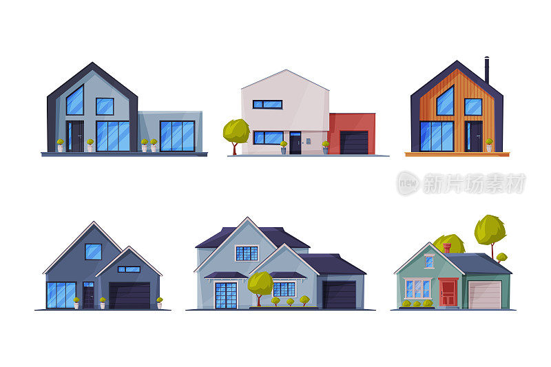 房屋。郊区和城市房屋外立面卡通矢量插图