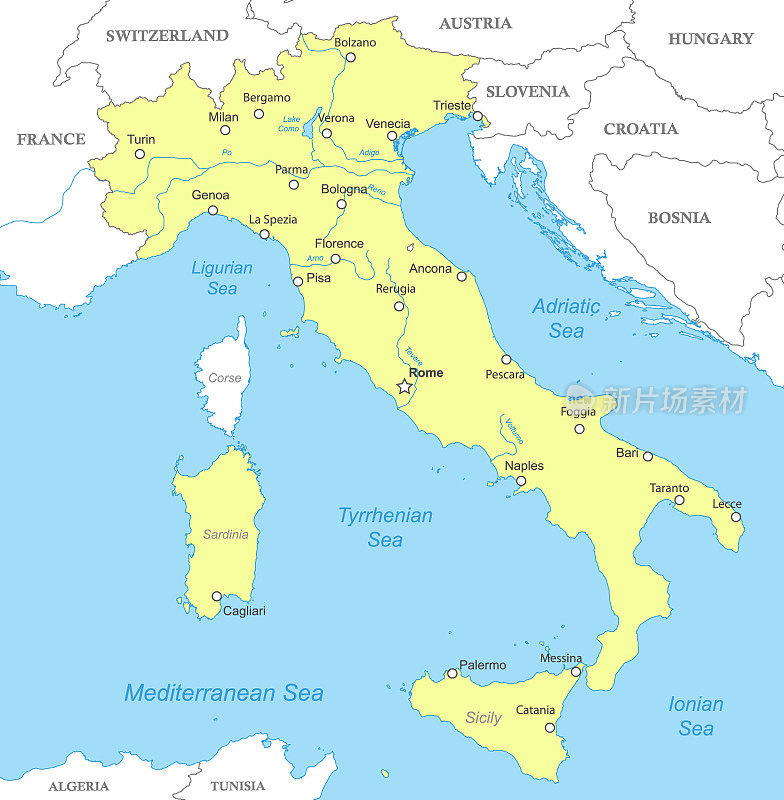 意大利带有国家边界的政治地图