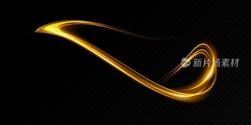 金色的运动和速度的抽象光线。光日常发光效果。半圆波，光迹曲线旋流，光纤白炽png。