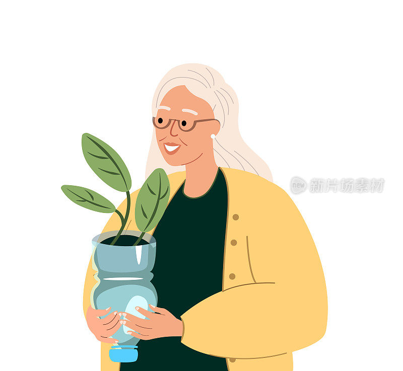 园丁老太太升级回收塑料瓶切割利用罐子种植苗木，植物，花卉。垂直的园艺。说明回收、再利用。减少浪费。平面矢量图