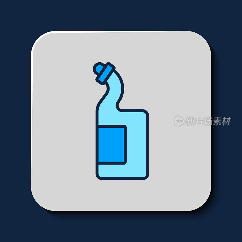 填充轮廓洗碗液瓶图标孤立的蓝色背景。洗碗用的液体洗涤剂。向量