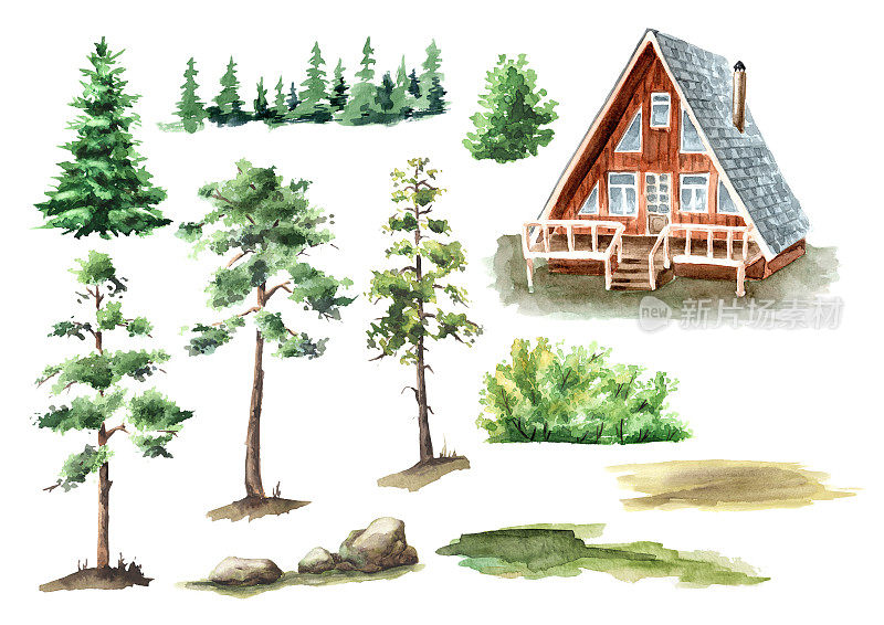 舒适的乡村小屋在森林中设置，林地。手绘水彩插图，孤立在白色背景上