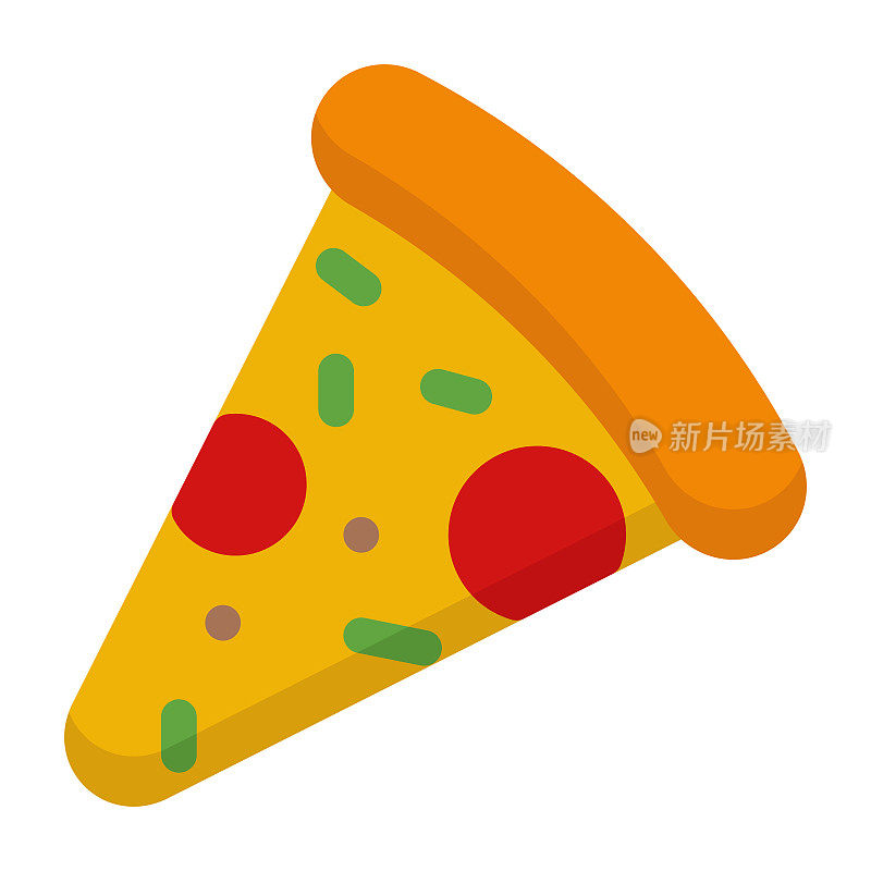 披萨片图标。披萨片与意大利辣香肠扁平图标。披萨店的招牌。快餐的标志。矢量图