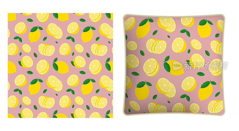 方形装饰枕头，卧室配件装饰全柠檬与柑橘片的无缝图案。带叶子的青柠。向量