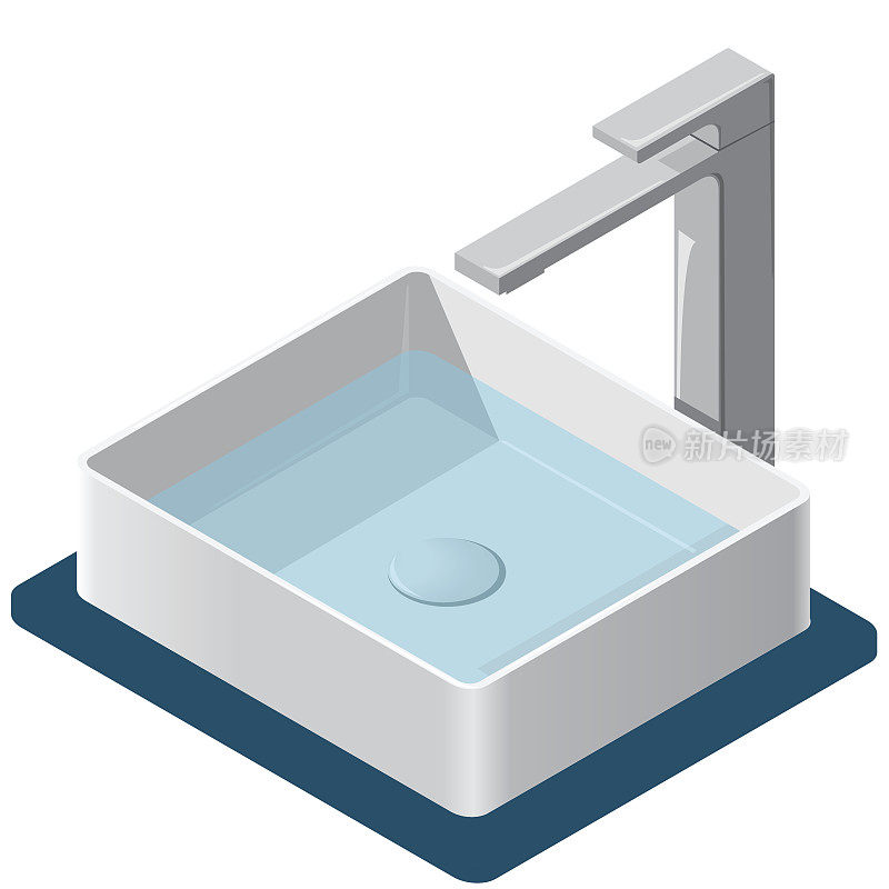 浴室水槽。带水龙头的等距盆。厨房内部信息图表元素。