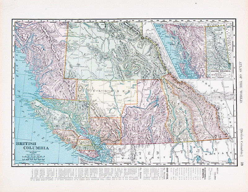 加拿大不列颠哥伦比亚省古董古董彩色地图