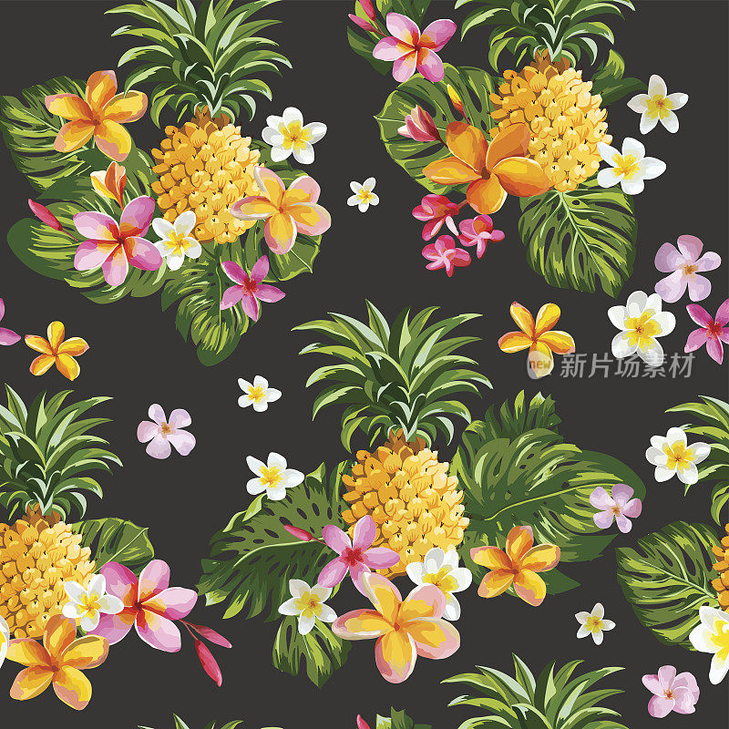 菠萝和热带花卉背景-复古无缝模式
