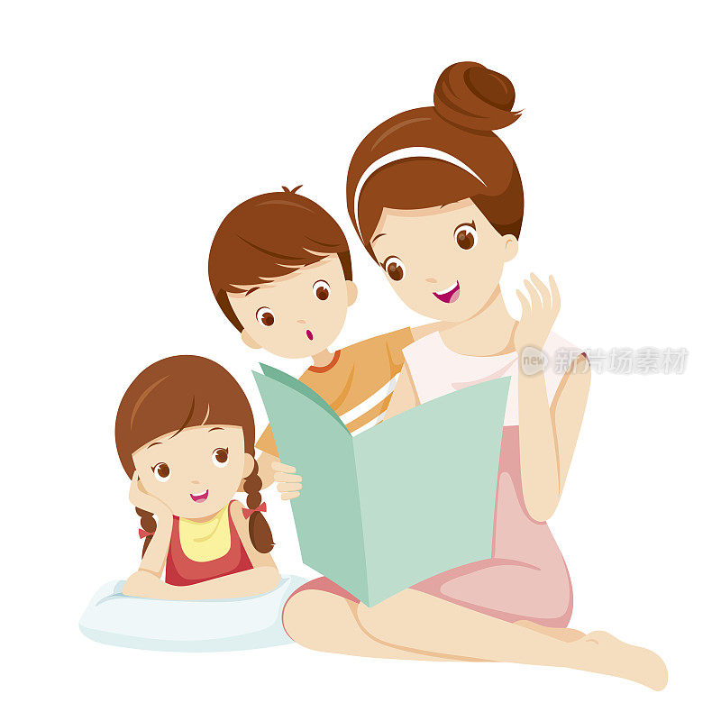 妈妈给女儿和儿子读故事书
