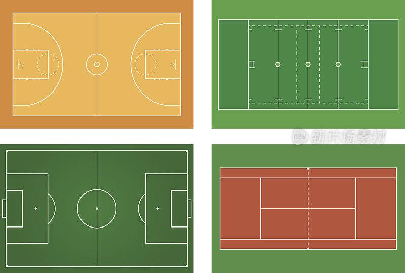 篮球、网球场。美式足球，足球场。绿色的足球场