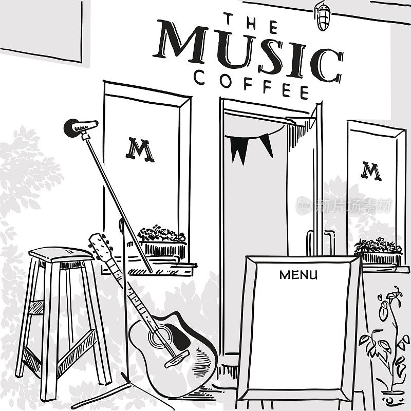 音乐咖啡厅的海报，咖啡厅的正面和舞台