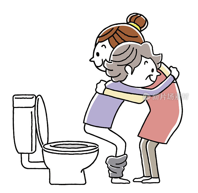 年轻女子协助排尿，年长女子协助排尿