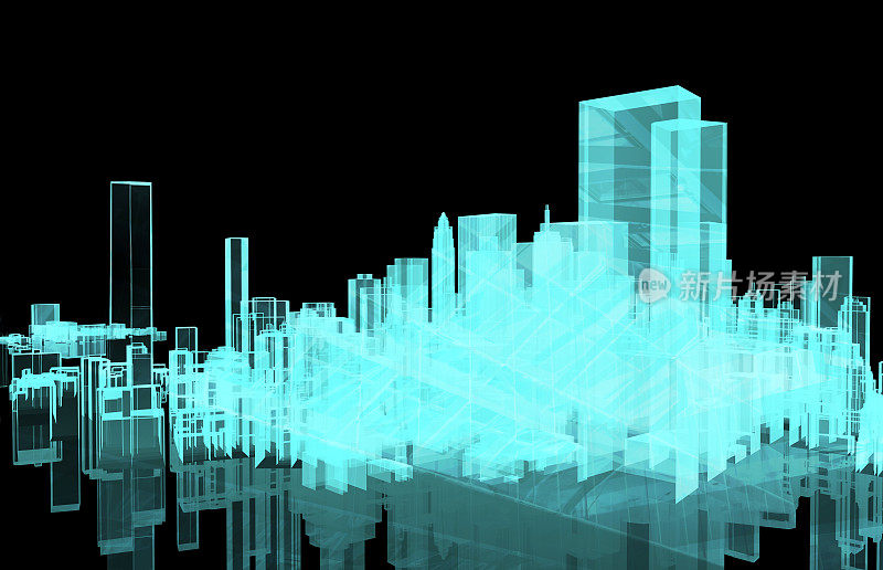 电网、智慧城市能源、电力配送链行业技术理念。建筑和黑色背景的3D渲染。