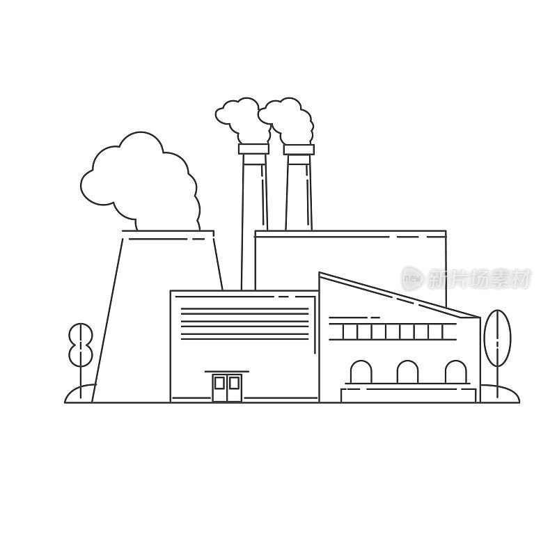图标与工厂的工业工厂在平面线艺术矢量。工厂或厂房。生产厂房。工业建筑的概念。