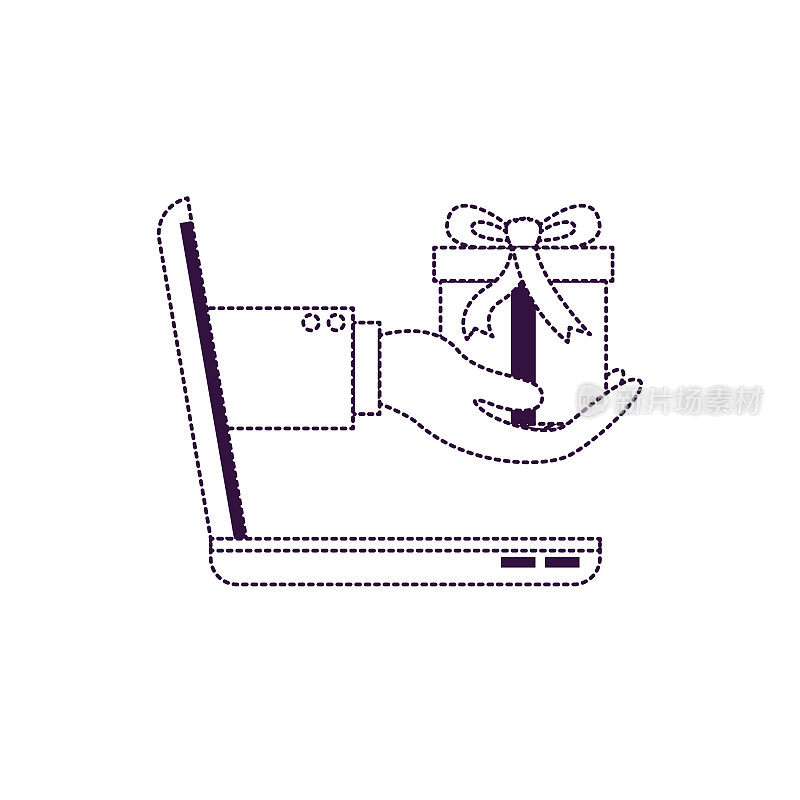 手提电脑和手持礼品盒网上购买紫色虚线剪影