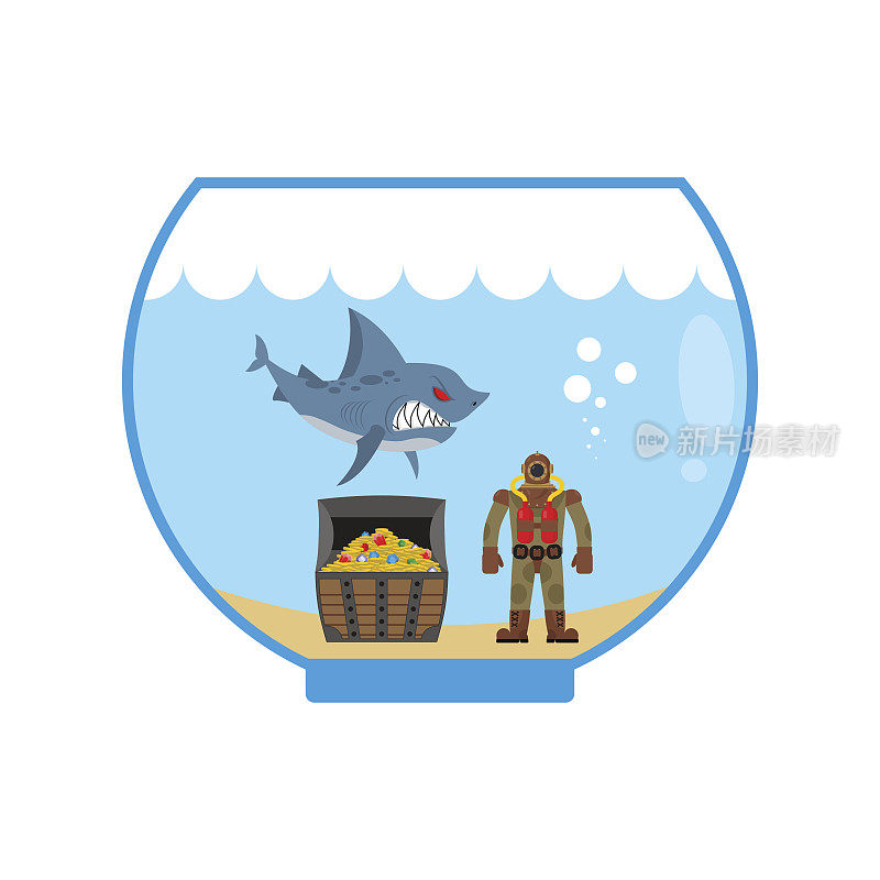 迷你鲨鱼在水族馆和宝箱。戴水肺的潜水员