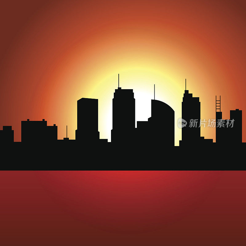 城市摩天大楼的日落。矢量剪影