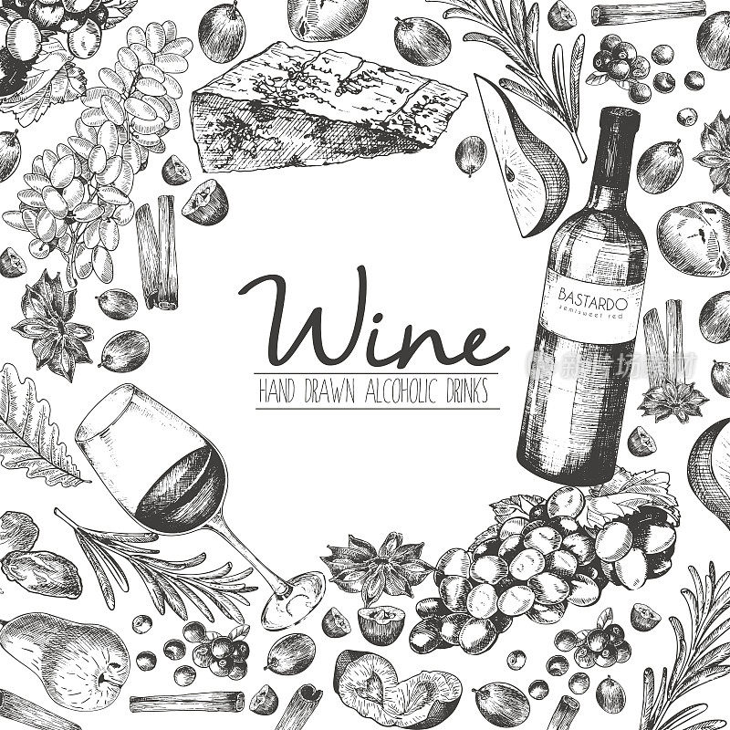 矢量手绘插图的葡萄酒和apetizers。葡萄，奶酪，迷迭香，香料，葡萄酒和葡萄酒杯。
