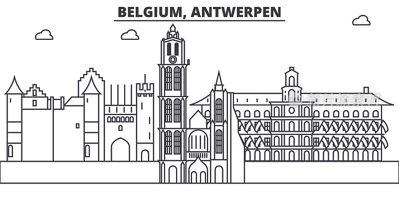 比利时，安特卫彭建筑线天际线插图。线性向量的城市景观与著名的地标，城市景观，设计图标。风景与可编辑的笔触