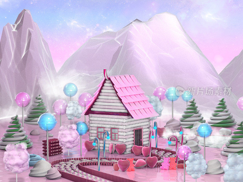 糖果屋被棒棒糖，拐杖糖和焦糖包围着。梦幻食物景观3D插图
