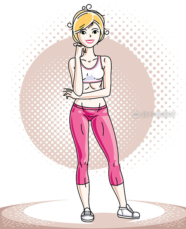 年轻美丽的金发苗条的女人成年站立。矢量插图的漂亮的女士穿着粉红色的紧身裤和t恤。制定和培训主题。