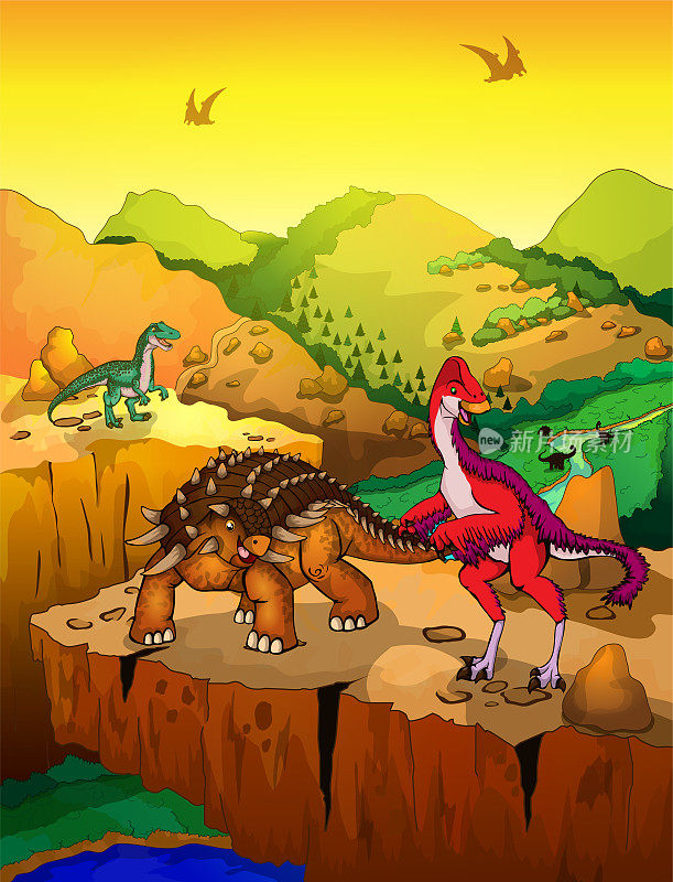 可爱的卡通甲龙和安祖与景观背景。矢量插图的卡通恐龙。