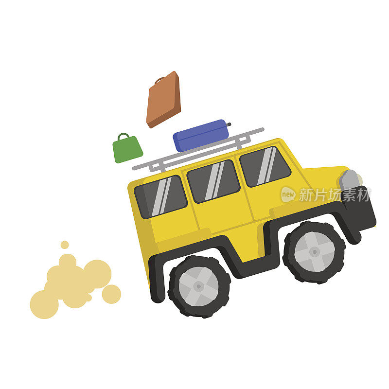图片黄色吉普车快速行驶，从它落下五颜六色的手提箱。烟、雾、尘、沙