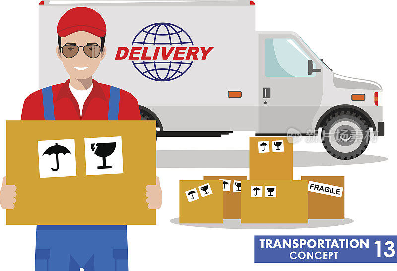 运输的概念。白色背景上的货车和司机，送货员拿着箱子的详细说明。矢量图