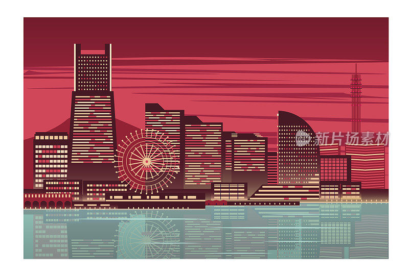 横滨市夜景。矢量卡，海报，封面设计
