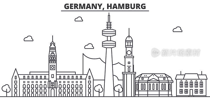 德国，汉堡建筑线天际线插图。线性向量的城市景观与著名的地标，城市景观，设计图标。风景与可编辑的笔触