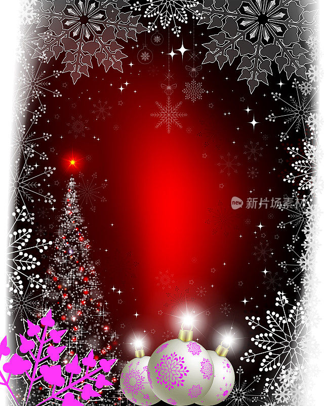 圣诞节的背景是红色的圣诞树和球与紫色的雪花